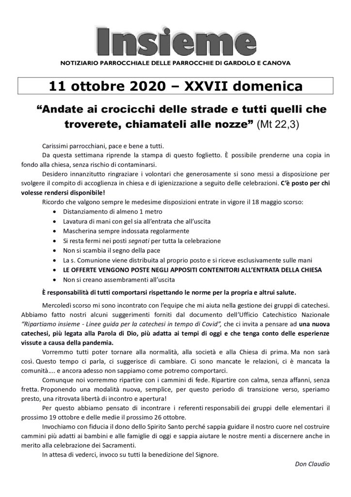 Avvisi 11 Ottobre Xxvii Domenica Parrocchie Di Gardolo E Canova